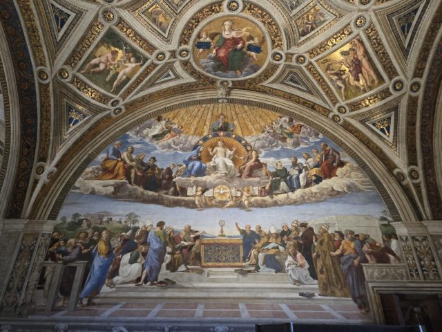 This picture is on the opposite wall from the next picture. This one emphasizes that, with prcus on Christ in the Eucharist, all is oriented toward heaven - with Christ and the Apostles and Saints
