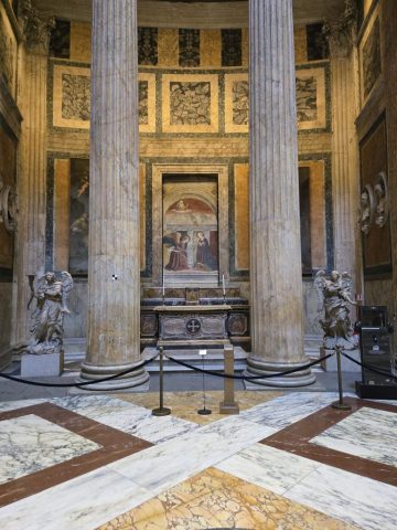 The Chapel of the Annunciation is located in the northwest apse of the Pantheon. It is dedicated to the Annunciation of the Virgin Mary. The chapel is decorated with a fresco of the Annunciation, which was painted by Melozzo da Forlì in the 15th century.