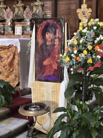 The "Madonna of the Pantheon" is an icon of the Virgin Mary and Child housed in the Pantheon in Rome, traditionally attributed to Saint Luke the Evangelist. This Byzantine icon, a type of Hodegetria ("she who points the way"), was present during the 609 AD consecration of the Pantheon as a Christian church and is believed to have been a gift to Pope Boniface IV. The icon was meticulously restored and is an important example of early Christian art, symbolizing the transition of the Pantheon into a church and the connection of Christian history to this ancient site