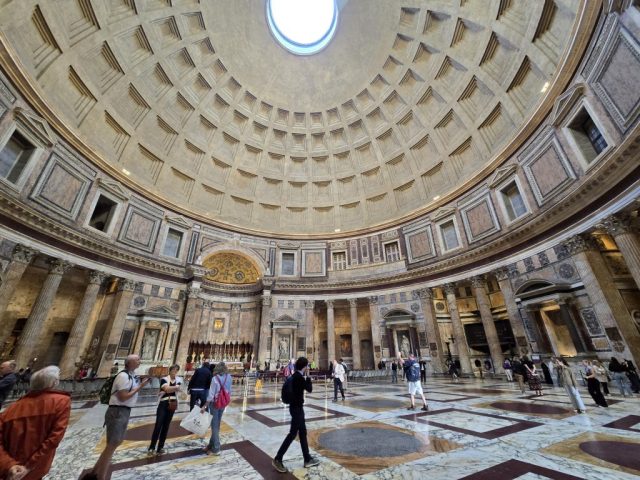 The interior of the dome is adorned with a series of recessed panels known as coffers. These coffers serve both aesthetic and structural purposes, reducing the dome's weight and evenly distributing forces to enhance its stability. The geometric patterns of the coffers add visual interest and elegance to the dome's interior.