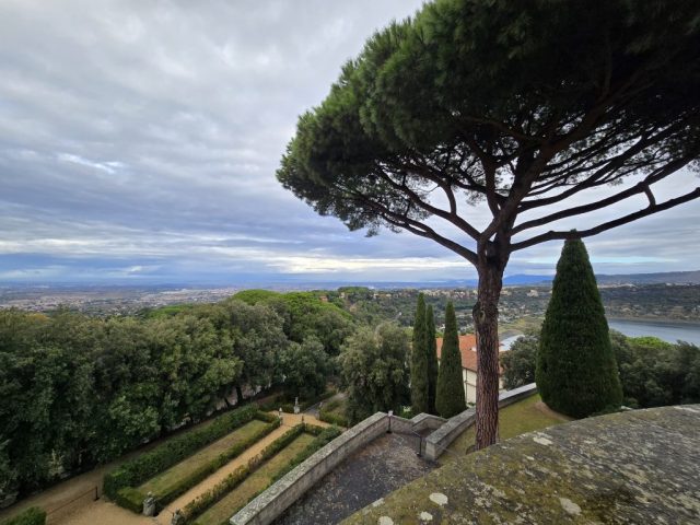 View from the rear balcony of Castel Gandolfo looking toward the city of Rome.