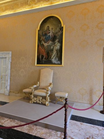 The papal-throne in the official 'meeting room' at Castel Gandolfo - with 2 seats for his closest advisors.